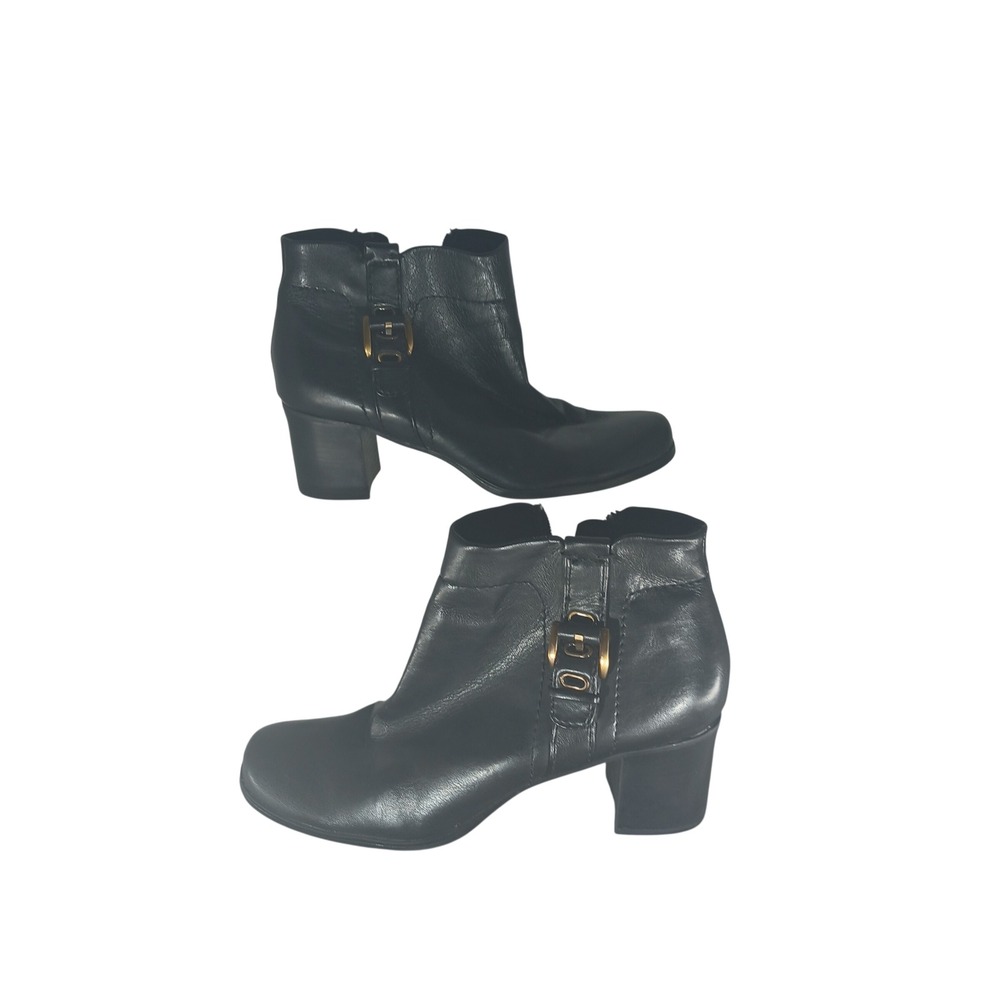 Liz‎ Claiborne Flex Ankle Boots 9.5 Black Leather Block Heel Buckle Booties